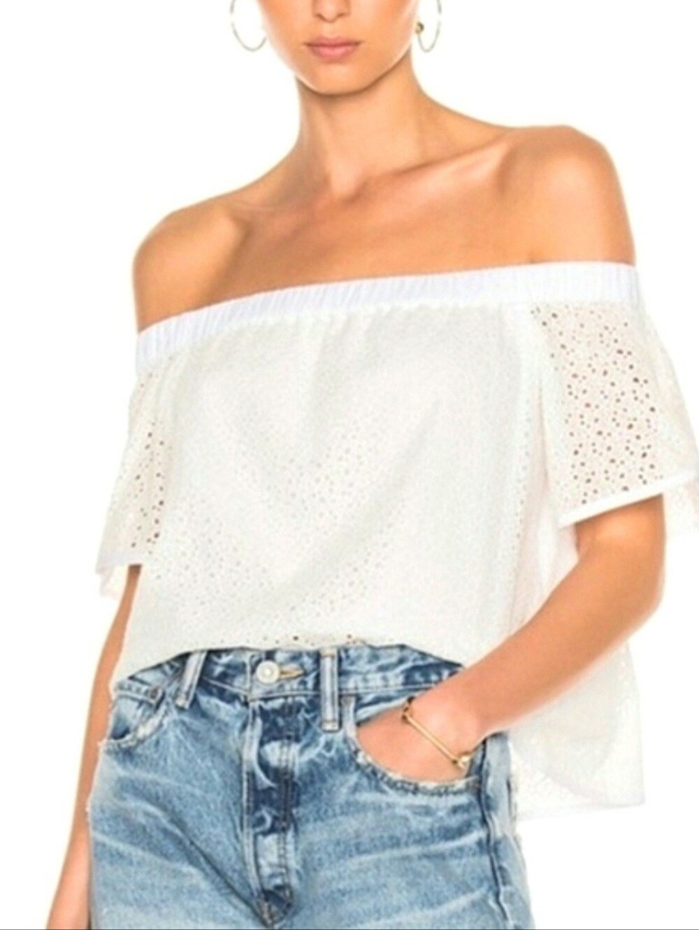 rag & bone Flavia Eyelet Off Shoulder Crop Top White XS Boho Coastal Chic